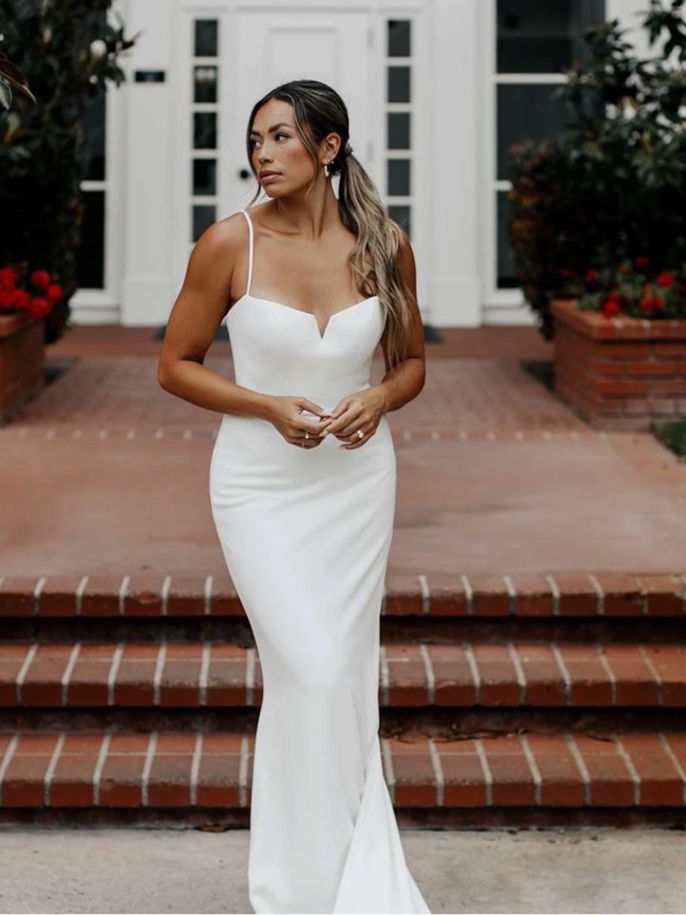 Elegant White Spaghetti-Strap Bridal Gown